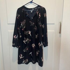 H&M Black Floral Bird Print Long Sleeve Tie Neck Casual Dress Womens 10 Academia